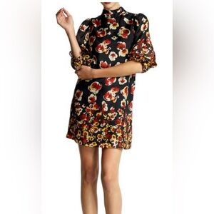 Aryn K. Dark Floral Silk Mini Dress Size M Balloon Sleeves Keyhole Back